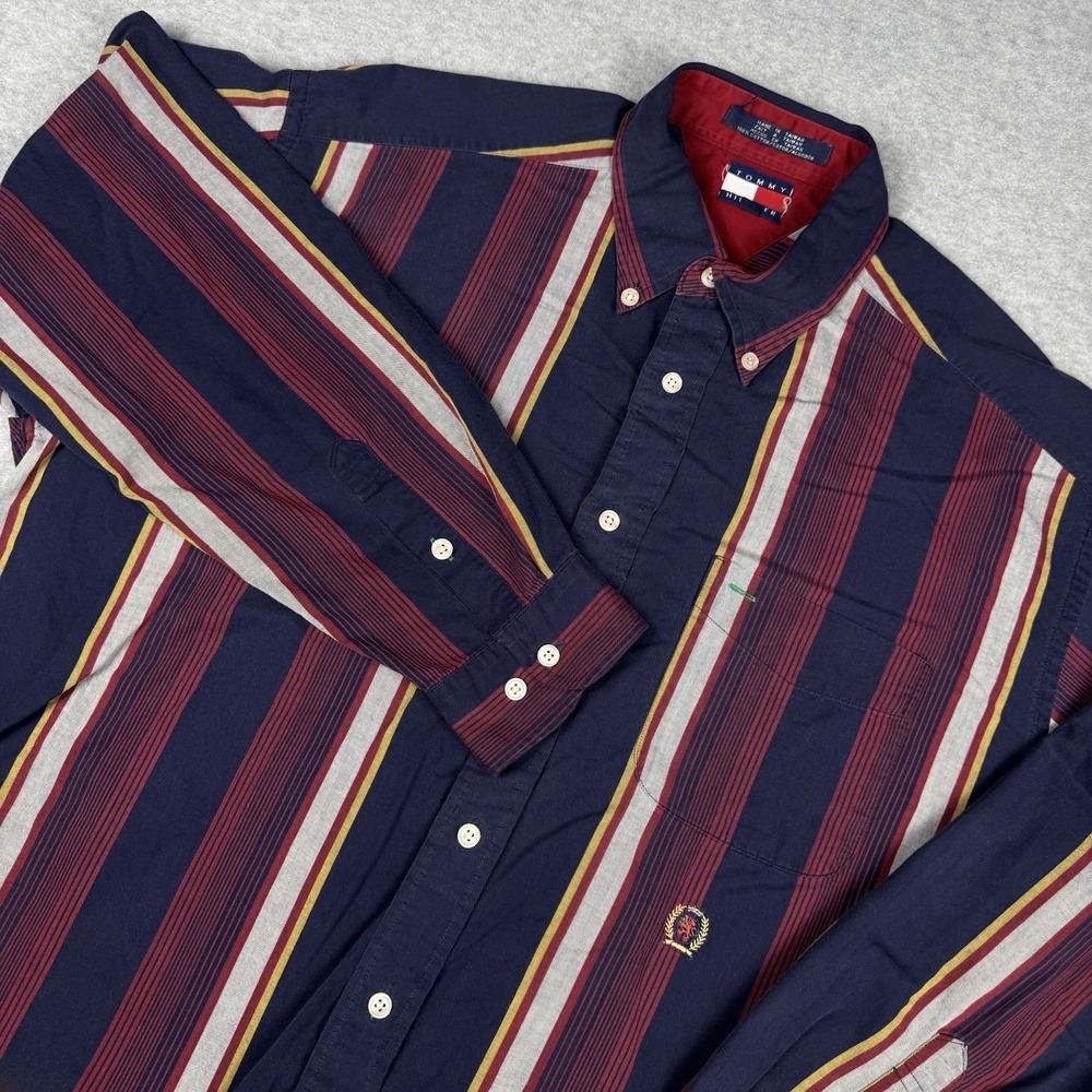 Vintage Tommy Hilfiger Men's L Striped Button Down Shirt 90s Crest Logo Navy Red